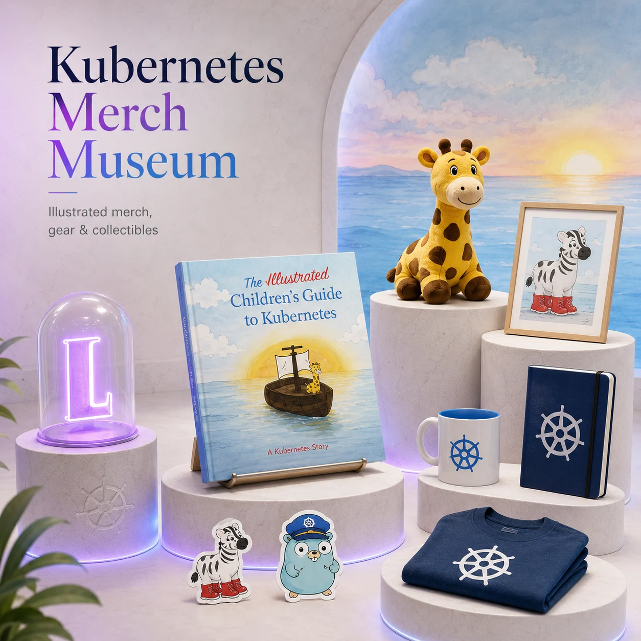 Kubernetes Merch Museum display with illustrated merch, gear, books, and collectibles