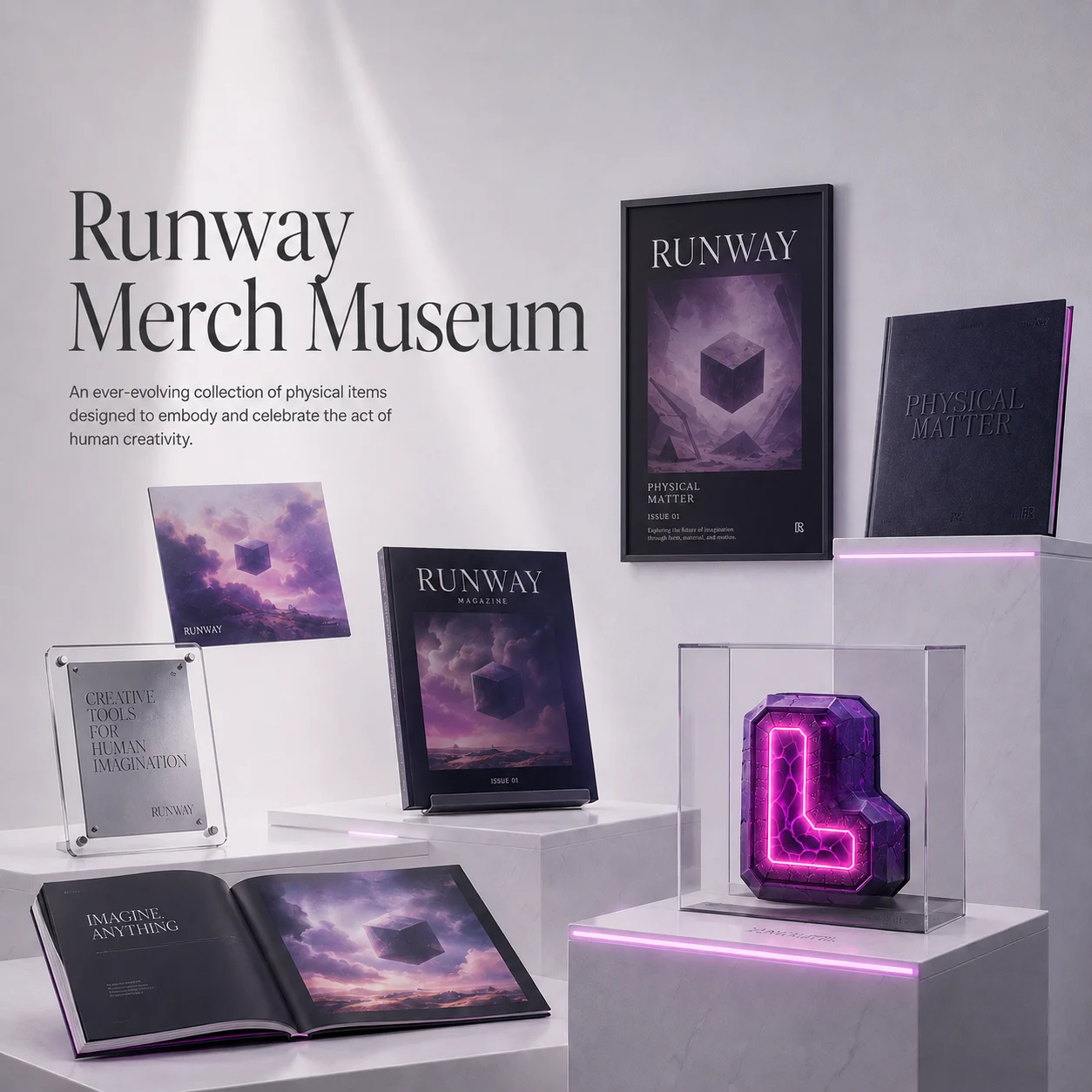 Runway Merch Museum display of physical creative objects, books, zines, and artifacts
